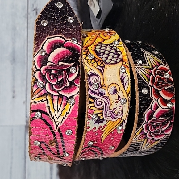 Ed Hardy Accessories - Vintage Ed Hardy Mermaid Distressed Handmade Genuine Leather Belt Rhinestones